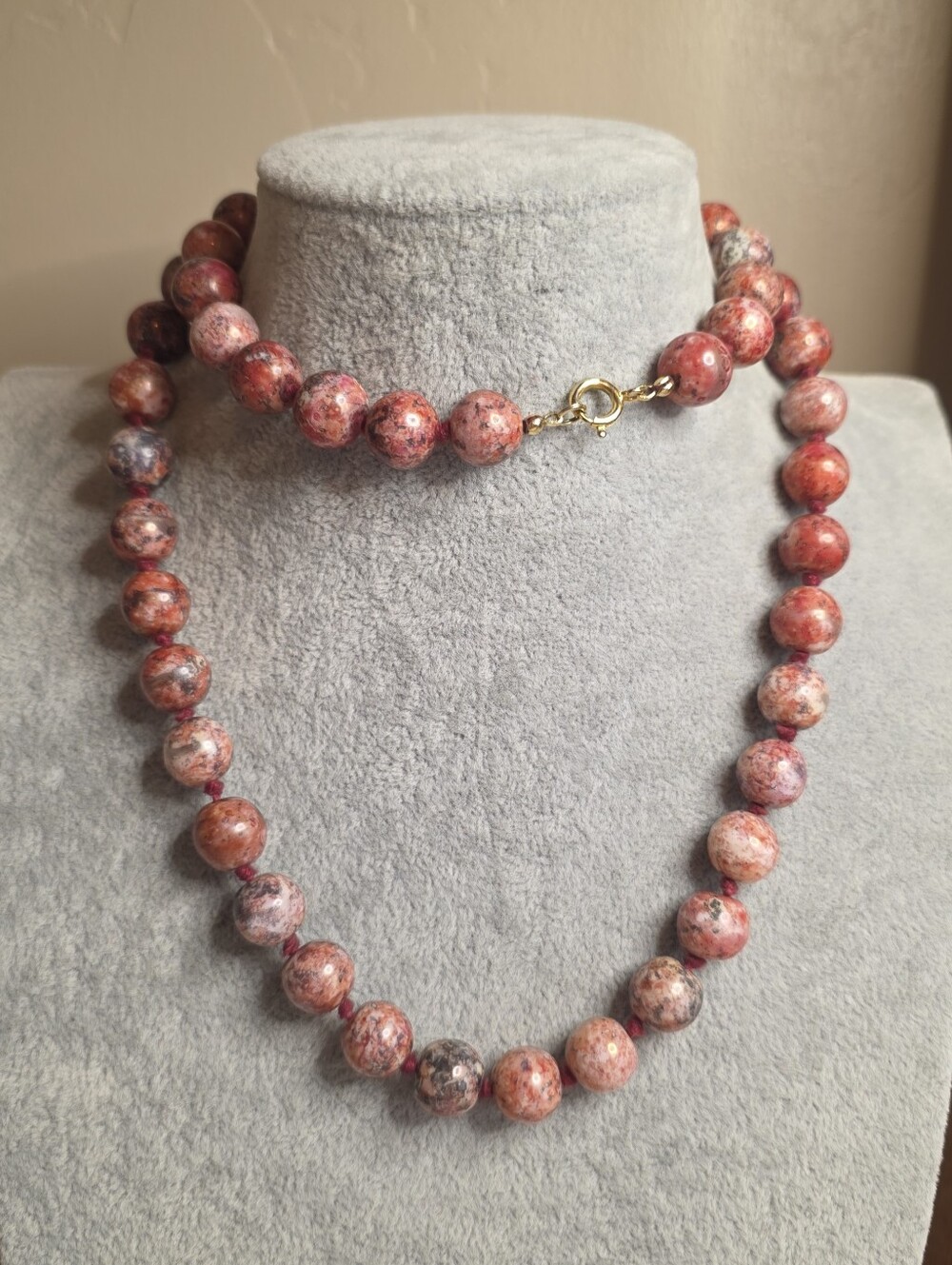 Vintage Hand-Knotted Polished Pink Mottled Stone Beaded Necklace 30"